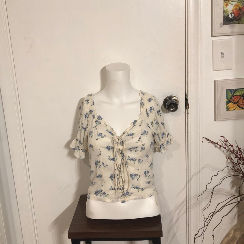 Lace up peasant crop top AEO